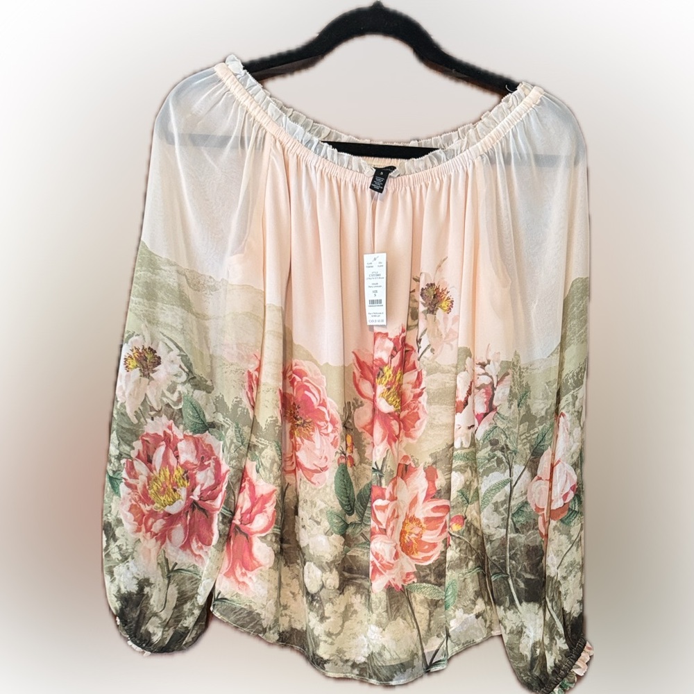 White House Black Market Floral Blouse in Pink and Green